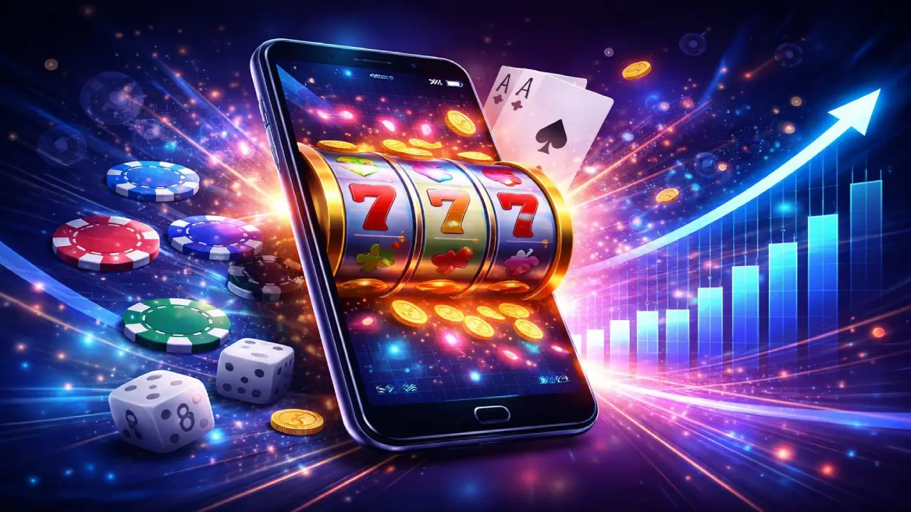 A smartphone displays a slot machine hitting triple sevens, surrounded by casino chips, dice, playing cards, and coins, with a rising graph in the background symbolizing winnings or growth.