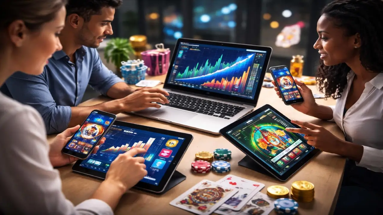 A group of people gathered around a table use smartphones, tablets, and a laptop to play online casino games, with colorful game screens, poker chips, cards, and coins visible.