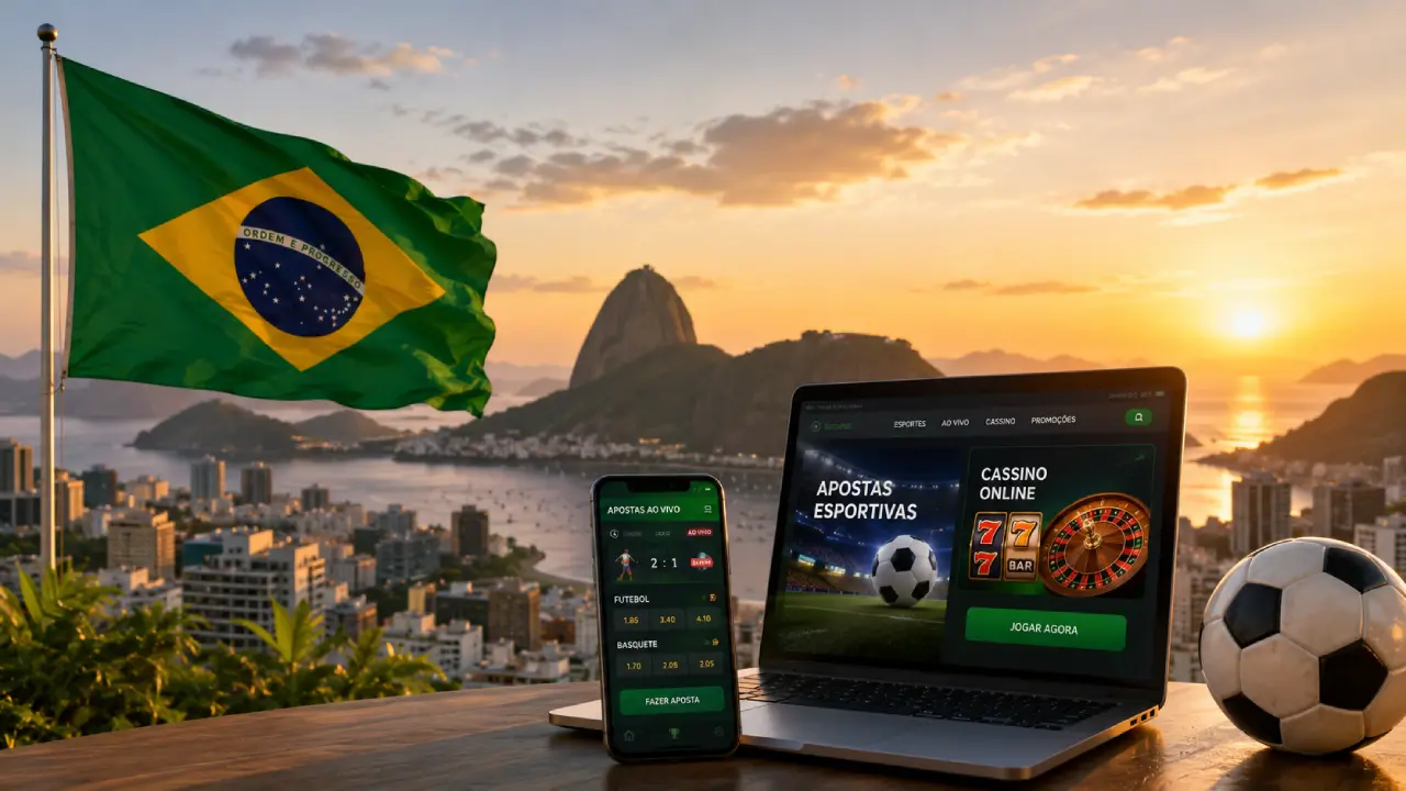 Brazilian flag beside a laptop and smartphone displaying online casino and sports betting platforms, representing Brazil’s regulated gambling market in 2026.
