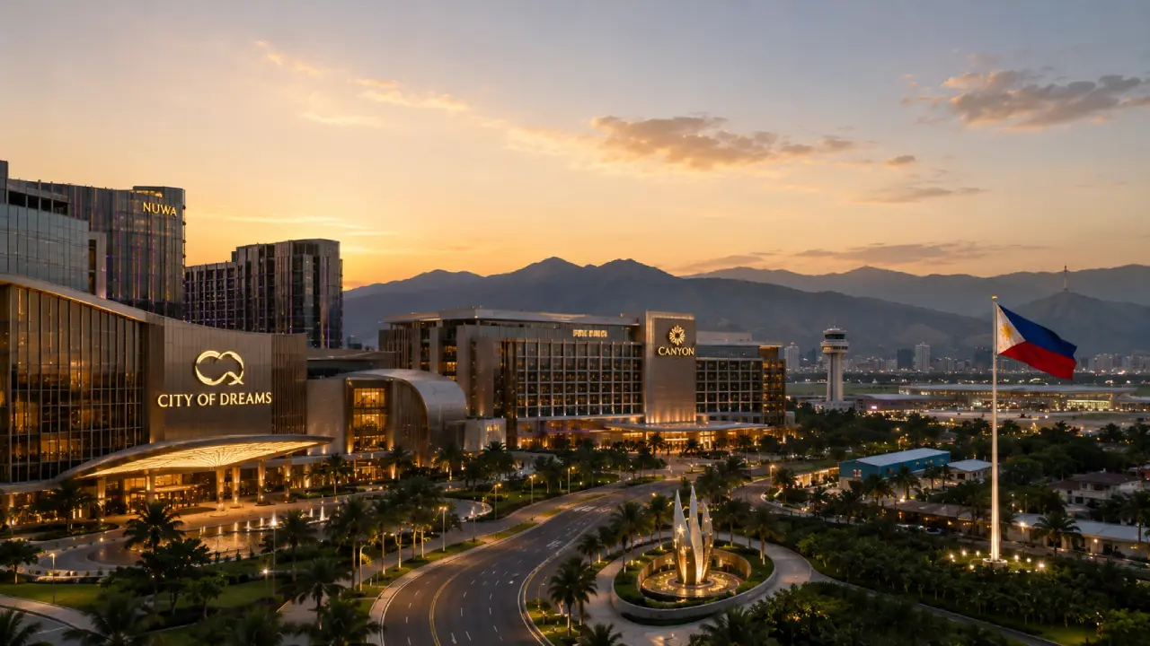 Modern integrated casino resorts in Clark, Philippines, with the Philippine flag and mountain skyline, representing Clark’s growth as a major gaming market.