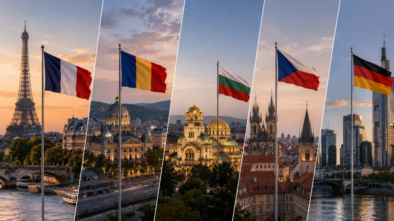 European city skylines and flags of France, Romania, Bulgaria, the Czech Republic, and Germany representing key gambling markets to watch in 2026.