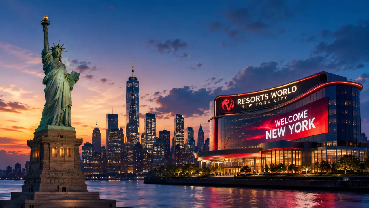 New York City skyline, Statue of Liberty, and a modern casino resort illustrating the expansion of full-scale casino gaming in New York in 2026.