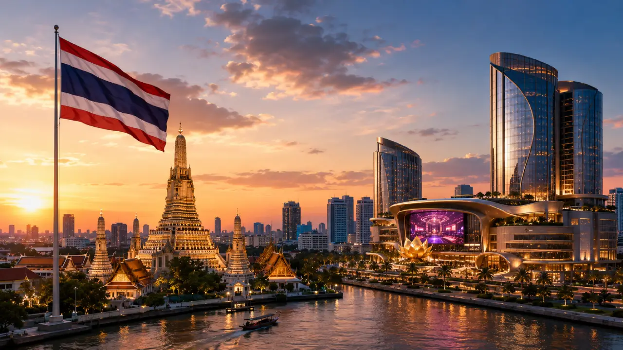 Bangkok skyline with a Thai flag, traditional temple, and modern entertainment complex representing Thailand’s renewed casino legalization plans in 2026.