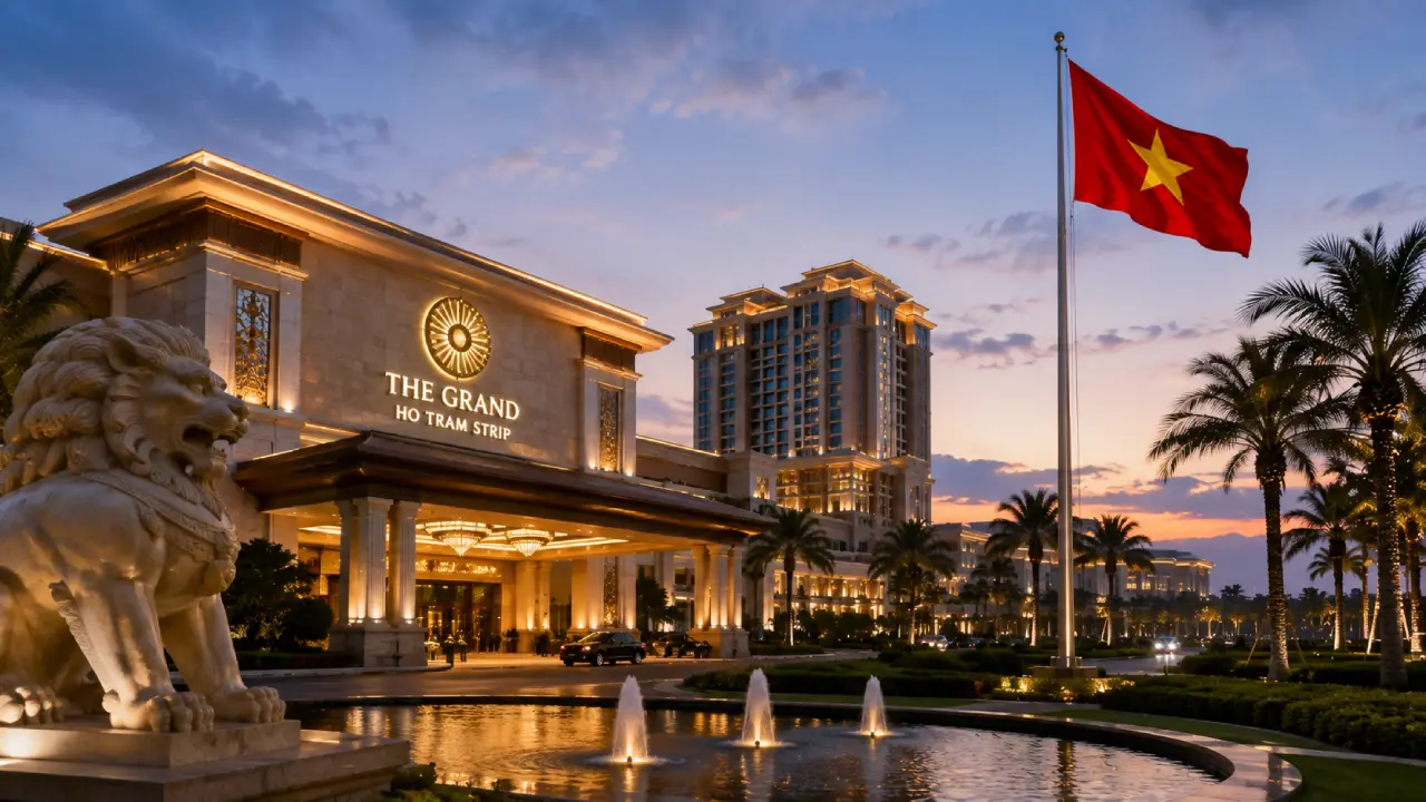 The Grand Ho Tram Strip casino resort in Vietnam with the Vietnamese flag, representing the expansion of legal casino access to local players in 2026.